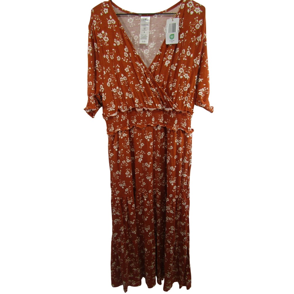Serra Floral Maxi Dress Womens L Rust Orange New Tiered Smocked V-Neck Pockets
